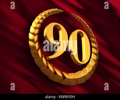 Couronne de Laurier et d'or anniversaire 90 chiffre sur drapeau rouge. 3D Illustration. Banque D'Images