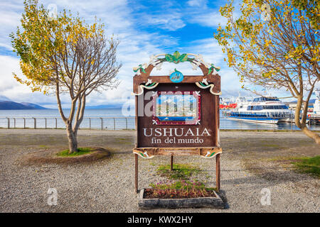 USHUAIA, ARGENTINE - 15 avril 2016 : Ushuaia Fin del Mundo (fin du monde). Ushuaia est la capitale de la province de Terre de Feu en Argentine. Banque D'Images