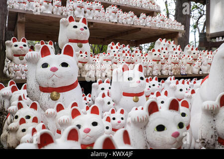 Japon, Tokyo, l'île de Honshu : Maneki neko à Gotoku-ji, un temple dédié à la 'maneki neko' lucky cats fait signe, dans le quartier de Setagaya. Un co Banque D'Images