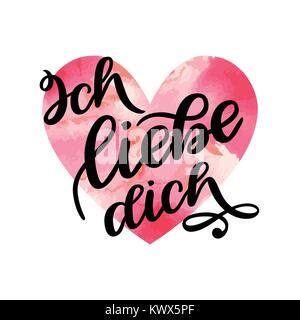 Texte manuscrit en allemand ich liebe dich. Vous aimez carte postale. Une phrase pour la Saint-Valentin. Illustration d'encre. La calligraphie au pinceau moderne. Isolated on white Illustration de Vecteur