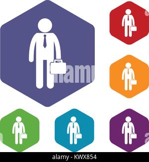 Businessman standing avec son porte-documents icons set rhombus dans différentes couleurs isolé sur fond blanc Illustration de Vecteur