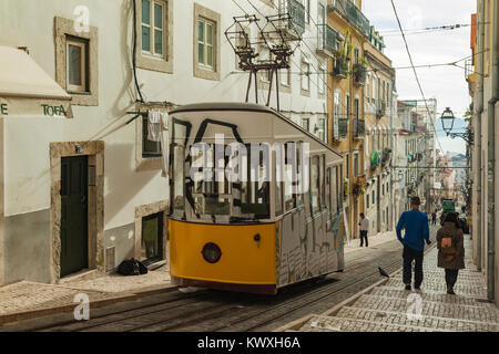 En voiture du funiculaire de Bairro Alto de Lisbonne, Portugal. Banque D'Images
