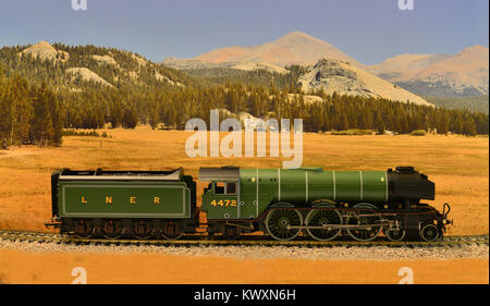 Un modèle d'une locomotive A3 sur un fond panoramique Banque D'Images