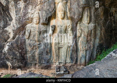 Buduruwagala Sculptures sur roc à l'ancien temple bouddhiste Buduruwagala au Sri Lanka Banque D'Images