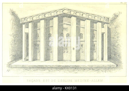 Une illustration tirée de l'ouvrage de Gabriel Simon de 1885 voyage en Abyssinie et chez les Gallas-Raias représente la façade est de l'Église Médin en Éthiopie. Le dessin détaillé fournit un aperçu architectural de la conception et de la structure de l'église, reflétant le contexte historique et culturel de l'époque. Banque D'Images