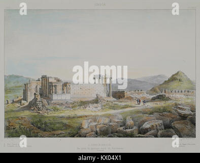 Cette image de 1867 d'Etienne Rey capture une vue de l'Erechthéion, vue du portique nord du Parthénon à Athènes. La photographie met en évidence l'architecture grecque antique et l'importance du site dans l'histoire culturelle grecque. Le Parthénon et l'Érechthéion sont des exemples majeurs de l'architecture grecque classique et des monuments historiques à Athènes. Banque D'Images