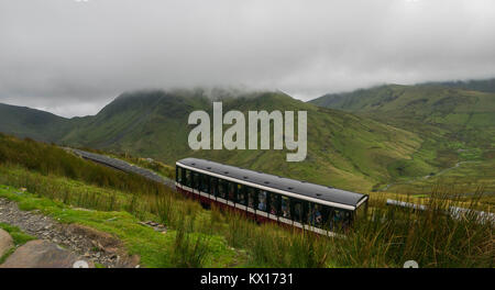 Vue depuis le mont Snowdon, Snowdonia, Gwynedd, Pays de Galles, Royaume-Uni - Vue en direction nord vers Llyn Padarn et Llanberis, avec le Snowdon Mountain Railway Banque D'Images