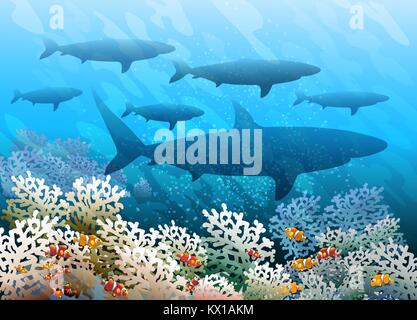 Banc de requins nager sur les fonds marins. Vector illustration. Illustration de Vecteur