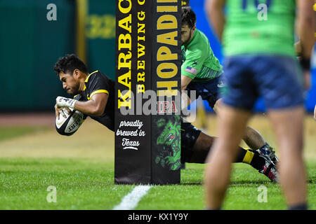 Sugarland, Texas, USA. 6 janvier, 2018. Houston Sabercats Pago Haini (20) marque un essai au cours de la MLR match entre les Saracens et le Seattle Houston SaberCats au champ Constellation à Sugarland, TX. Chris Brown/CSM/Alamy Live News Banque D'Images