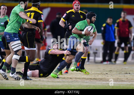 Sugarland, Texas, USA. 6 janvier, 2018. Seattle Sarrasins Sequoyah Burke-Combs (13) en action au cours de la MLR adéquation entre les Saracens et le Seattle Houston SaberCats au champ Constellation à Sugarland, TX. Chris Brown/CSM/Alamy Live News Banque D'Images