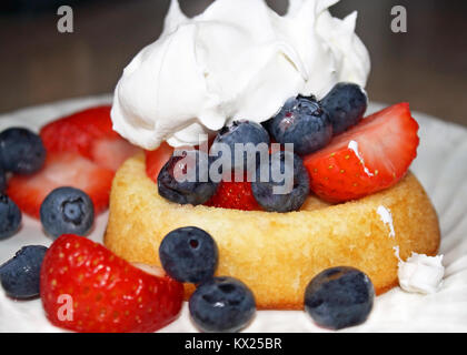 Les fraises et les bleuets frais mûrs sur un gâteau sans matières grasses, complété avec les calories de la crème fouettée Banque D'Images