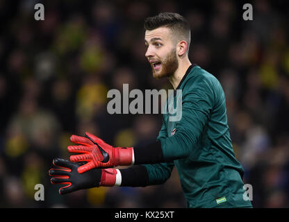 Le gardien de but de la ville de Norwich, Angus Gunn, lors de la coupe FA, troisième match à Carrow Road, Norwich. APPUYEZ SUR ASSOCIATION photo. Date de la photo: Samedi 6 janvier 2018. Voir PA Story FOOTBALL Carrow. Le crédit photo devrait se lire comme suit : Joe Giddens/PA Wire. RESTRICTIONS : aucune utilisation avec des fichiers audio, vidéo, données, listes de présentoirs, logos de clubs/ligue ou services « en direct » non autorisés. Utilisation en ligne limitée à 75 images, pas d'émulation vidéo. Aucune utilisation dans les Paris, les jeux ou les publications de club/ligue/joueur unique. Banque D'Images