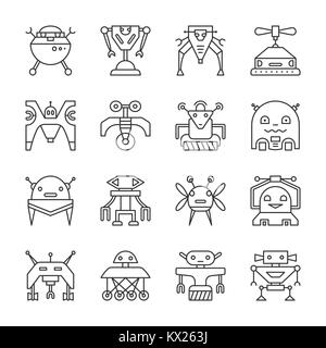 Fine ligne Robot icon set. Symbole linéaire transformateur pack Cyborg contours sans remplir signe ia course modifiable Simple web, print, carte, machine, étiquette, Illustration de Vecteur