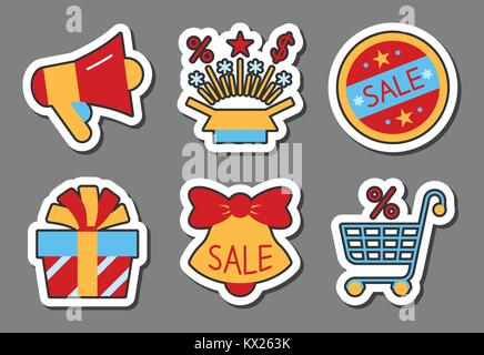 Vente saison Pictogramme autocollant set. Télévision jeu style couleur. Un insigne, web, des bannières, des affaires, de l'emblème, imprimer, tag, ad, étiquette, carte-cadeau affiche coupon j'offre Illustration de Vecteur