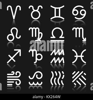 Signes du zodiaque silhouette blanche avec réflexion icon set. Design plat monochrome 12 horoscope et astrologie élément quatre forces collection de symboles. S Illustration de Vecteur