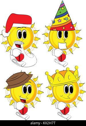 Cartoon soleil zipping son coeur. Collection avec costume. Vecteur d'expressions définies. Illustration de Vecteur