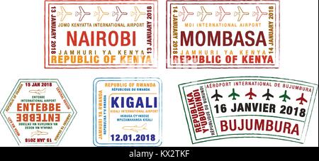 Ensemble de timbres de passeport stylisé pour les grands aéroports du Kenya, Ouganda, Rwanda et Burundi en format vectoriel. Illustration de Vecteur