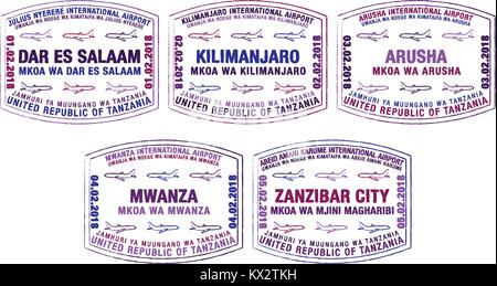 Ensemble de timbres de passeport stylisé pour les grands aéroports de Tanzanie en format vectoriel. Illustration de Vecteur