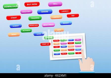 Vue sur les mains tenant comprimé et toucher des boutons sur l'écran. Les boutons sont une autre de prendre l'avion vers le ciel. Illustration de Vecteur