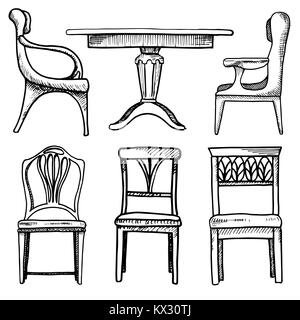 Jeu de croquis meubles isolés. Différentes tables et chaises. Meubles noirs linéaire sur un fond blanc. Vector illustration. Illustration de Vecteur