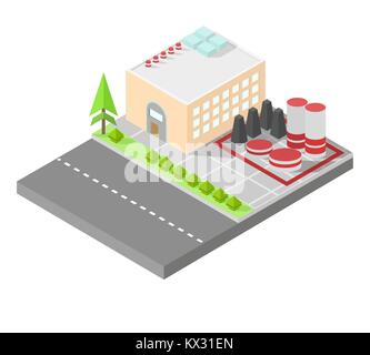 Accueil isométrique. L'usine avec des réservoirs de stockage. Road, buissons verts en face de la maison. Vector illustration style isométrique. Illustration de Vecteur
