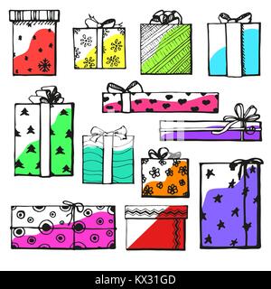 Dessin à la main vector set avec des cadeaux. Cadeaux pour les différentes fêtes. Le soir du Nouvel An, Noël, anniversaire, Saint Valentin et autres. Illustration de Vecteur