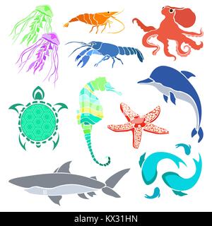 Silhouettes de diverses créatures de la mer. La crevette, le cancer, les méduses, les hippocampes, les poissons et autres créatures isolé sur fond blanc. Vector illustration. Illustration de Vecteur