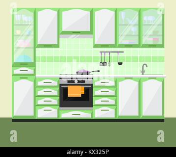 Cuisine intérieur avec mobilier et matériel. Télévision vecteur illustration. Illustration de Vecteur