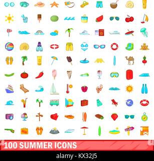 100 icônes d'été, jeu de style cartoon Illustration de Vecteur