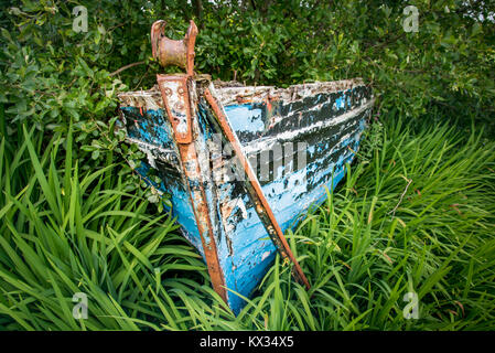 La proue de l'épave d'un vieux bateau de pêche en bois bleu échoué sur la côte près du port de Roundstone à Connemara, Irlande Banque D'Images