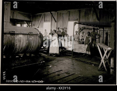 L'image représente une laverie à vapeur à Kolomea, probablement au début du XXe siècle. Il montre l'intérieur de la salle de lavage, présentant les premières méthodes de blanchisserie industrielle. Banque D'Images