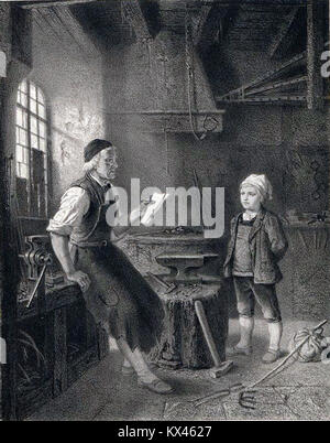 Cette lithographie représente un nouvel apprenti forgeron au travail, basé sur la peinture d'Hubert Salentin, montrant le travail des métaux, les outils et les pratiques d'atelier du XIXe siècle. Banque D'Images