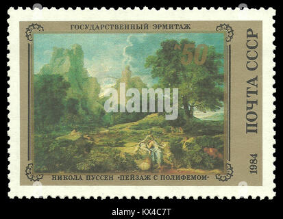 Urss - timbres en 1984 : Edition de couleur sur l'art français, montre la Peinture paysage avec Polyphème par Nicolas Poussin Banque D'Images