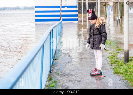 DUISBURG / ALLEMAGNE - 08 janvier 2017 : Petite fille surprise par le Rhin inondations la promenade de Ruhrort Banque D'Images