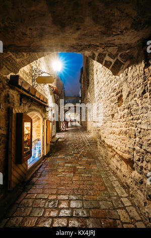 Tallinn, Estonie, Europe. St Catherine's Passage de nuit Illuminations. Ruelles médiévales Street. Célèbre Monument. Centre historique fait partie de la Vieille Ville Banque D'Images