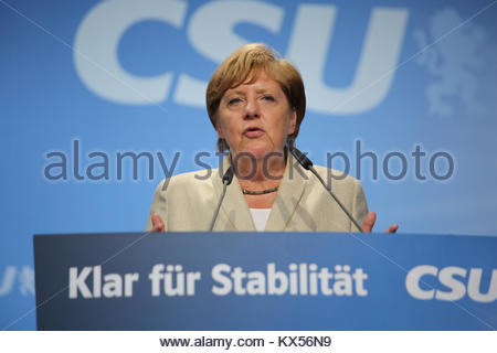 30 août 2017. Erlangen, Allemagne. Angel Merkel parle lors d'une réunion électorale organisée par la CSU de Bavière, parti partenaire de la CDU de Merkel. Banque D'Images