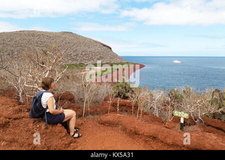 L'île des Galapagos paysage - un touriste en profitant de la vue, l'île de Rabida, îles Galapagos Équateur Amérique du Sud Banque D'Images