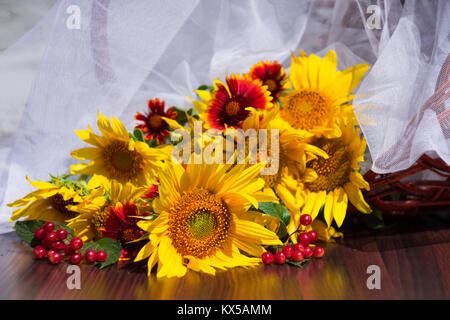 La composition avec le tournesol, les marguerites et viburnum rouge sur fond de panier et un tissu blanc transparent Banque D'Images