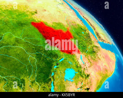 Vue de l'espace du Soudan du Sud en rouge sur la planète Terre. 3D illustration. Éléments de cette image fournie par la NASA. Banque D'Images