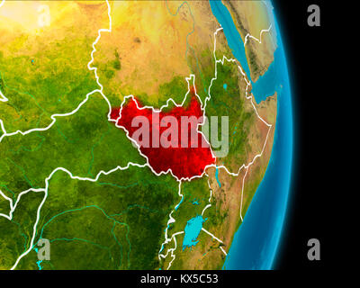 Le Soudan du Sud en rouge sur la planète Terre avec bordures visibles. 3D illustration. Éléments de cette image fournie par la NASA. Banque D'Images