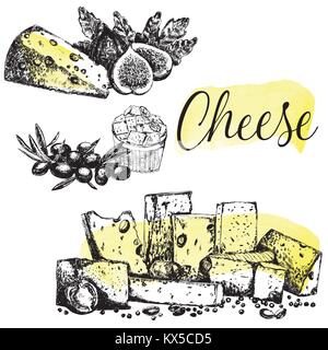 Croquis dessinés à la main, style, de différentes sortes de fromages avec des olives et des figues. Vector illustration isolé sur fond blanc. Illustration de Vecteur