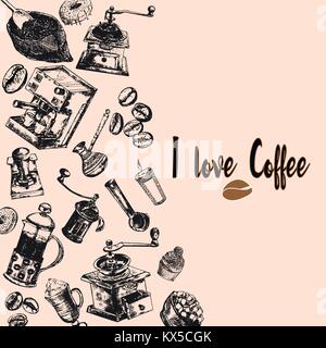 Jeu de croquis dessinés à la main, d'objets sur le thème du café. Vector illustration isolé. Illustration de Vecteur
