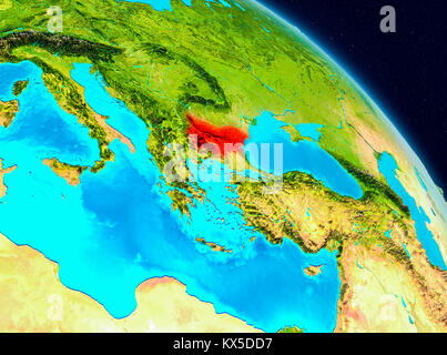 Vue de l'espace de la Bulgarie a souligné en rouge sur la planète Terre. 3D illustration. Éléments de cette image fournie par la NASA. Banque D'Images