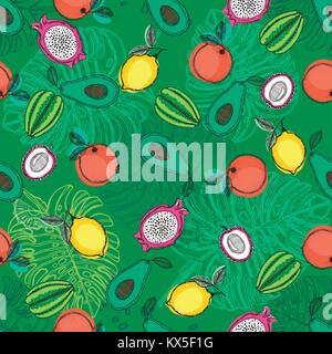 Motif de la main transparente style croquis de fruits tropicaux et de plantes. Vector illustration. Illustration de Vecteur