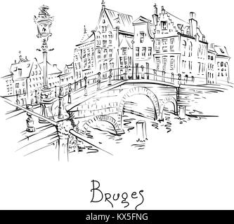 Vue pittoresque sur la ville de Bruges avec de belles maisons du canal Illustration de Vecteur