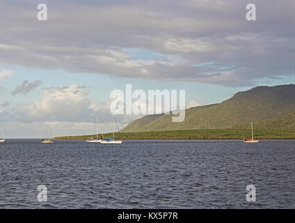 Que la fin de la lumière du soleil sur le lumineux vert de Trinity Inlet East au crépuscule sur Marlin Marina quay à Cairns QLD Australie Banque D'Images