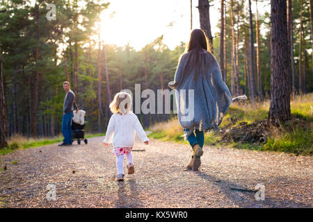 Jeune famille heureuse de prendre une marche dans un parc, vue de dos. Balades en famille ensemble le long chemin forrest avec leur fille, père poussant le landau. Banque D'Images