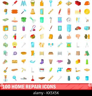 100 icons set de réparation de maison, style cartoon Illustration de Vecteur