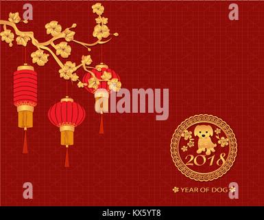 Le Nouvel An chinois. 2018 année du chien. Les lanternes rouges de forme cylindrique et ronde sur les branches de fleurs de Sakura d'or. Photo d'un chien. Illustration isolé Illustration de Vecteur