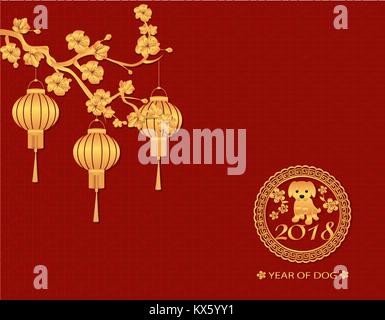 Le Nouvel An chinois. 2018 année du chien. Lanternes d'or ronde de forme cylindrique et sur les branches de fleurs de Sakura d'or. Photo d'un chien. Illustration isolé Illustration de Vecteur
